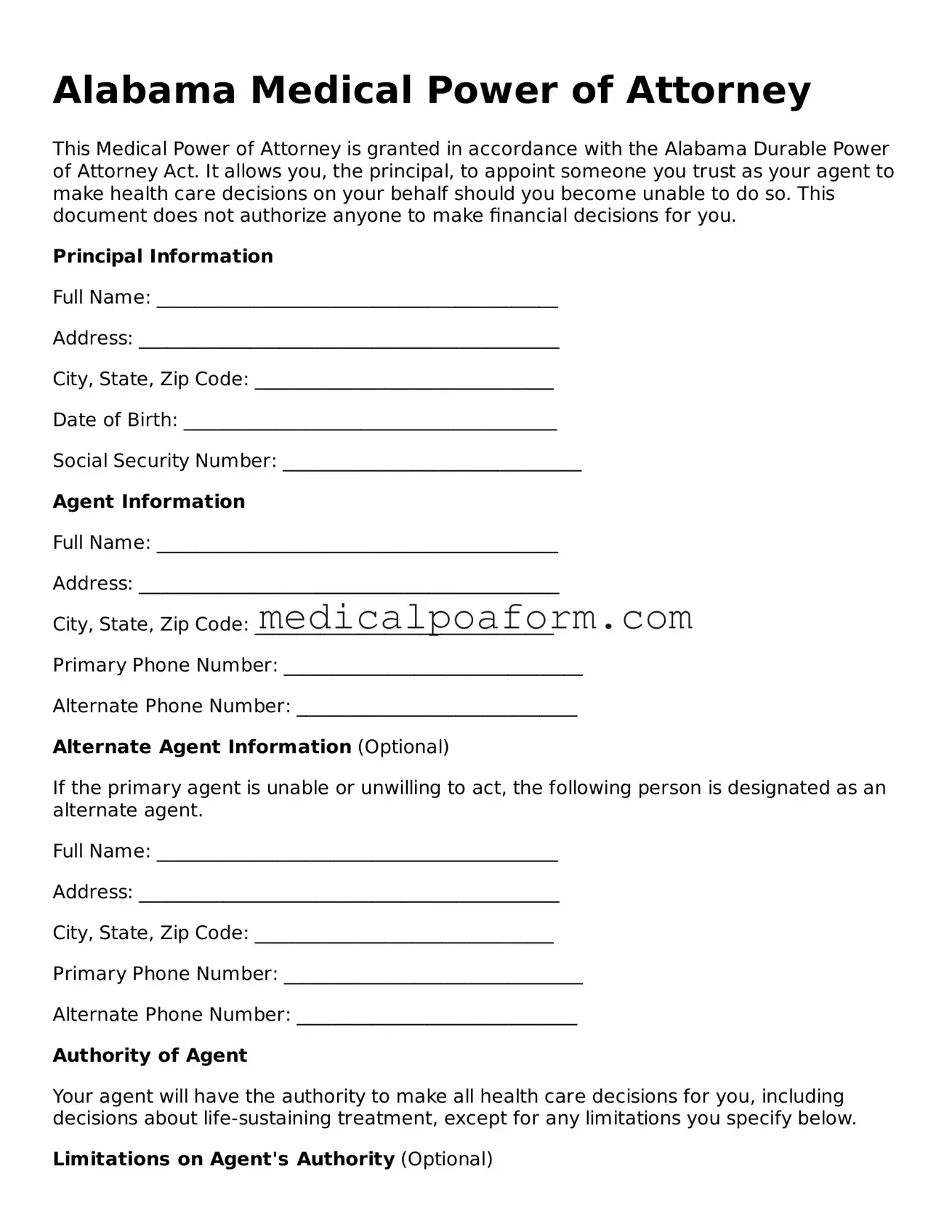 Legal Medical Power of Attorney Template for Alabama State