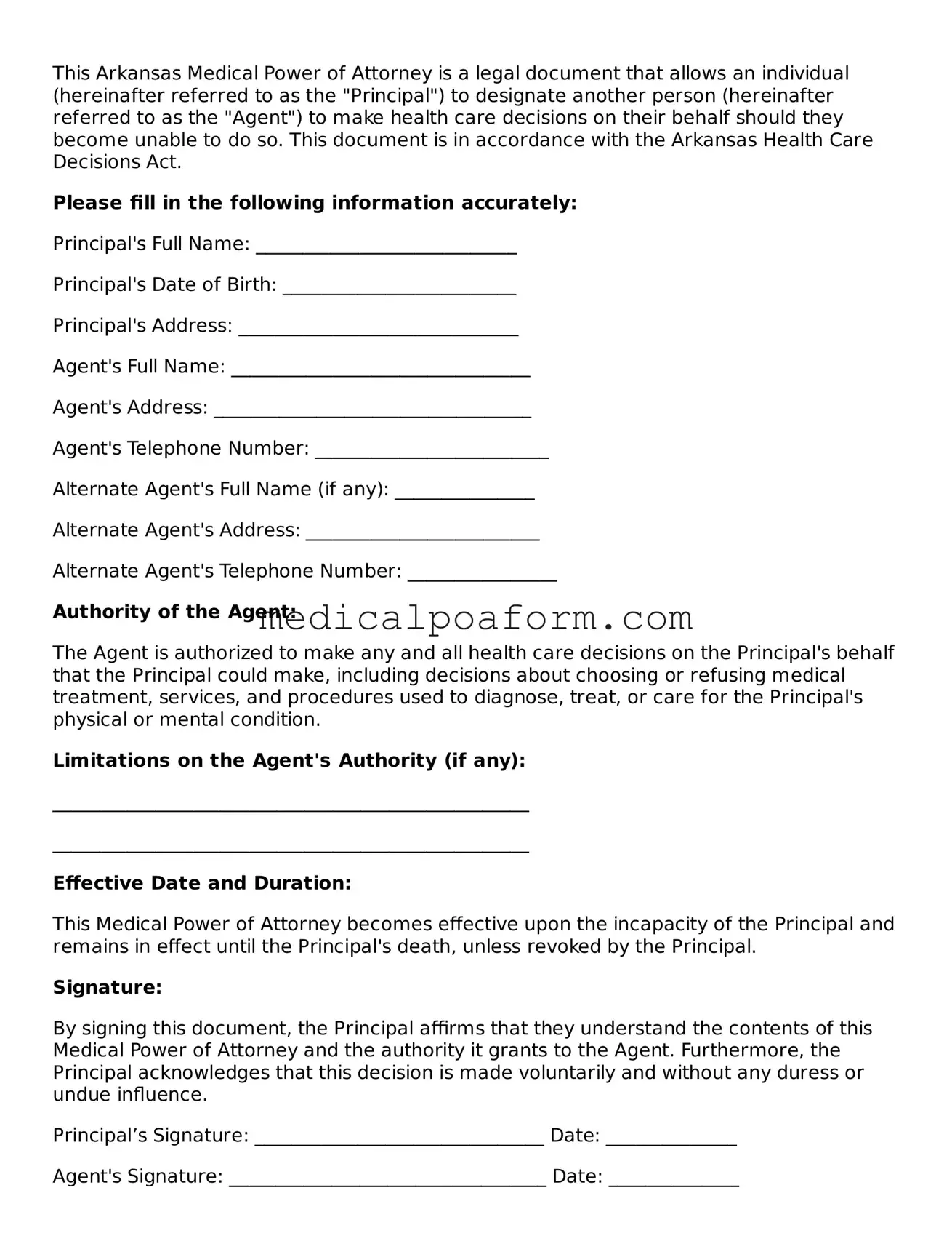 Legal Medical Power of Attorney Template for Arkansas State