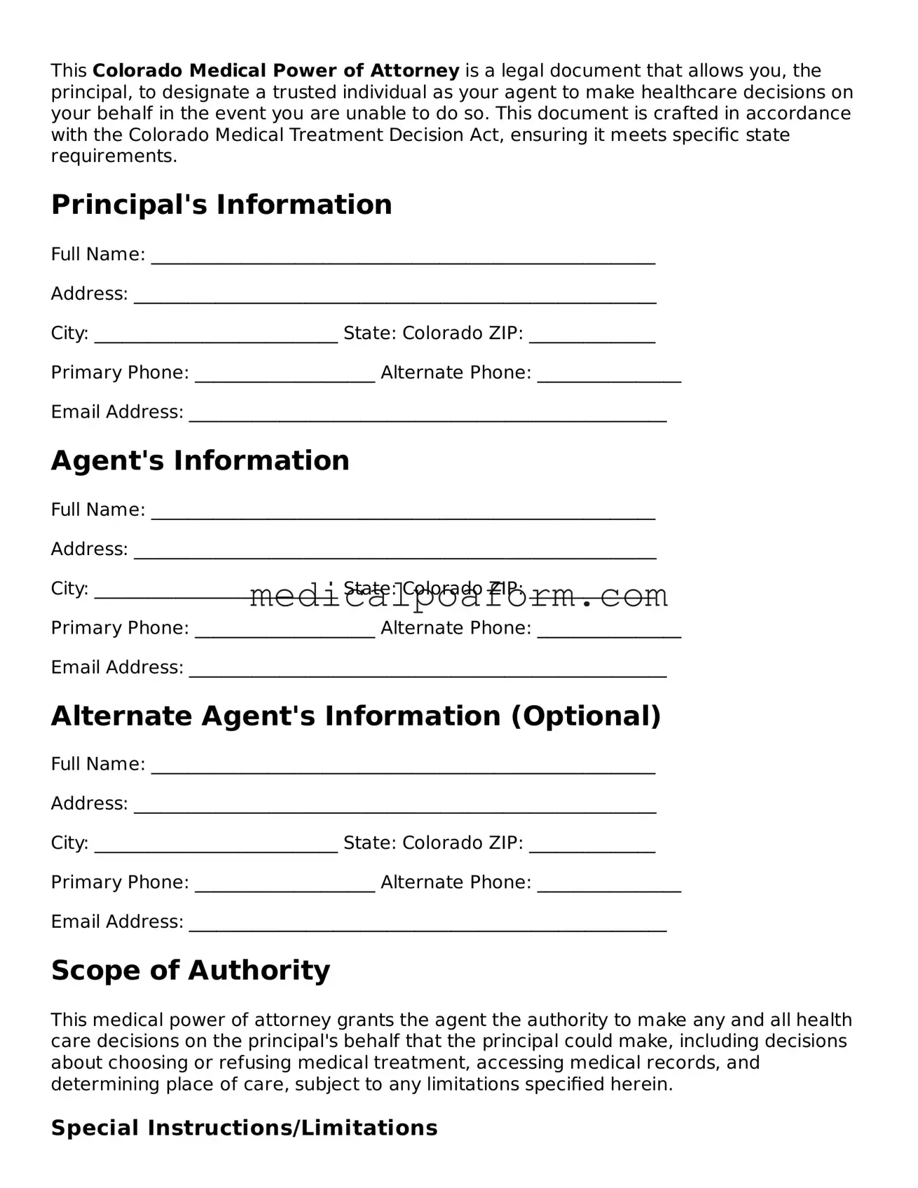 Legal Medical Power of Attorney Template for Colorado State
