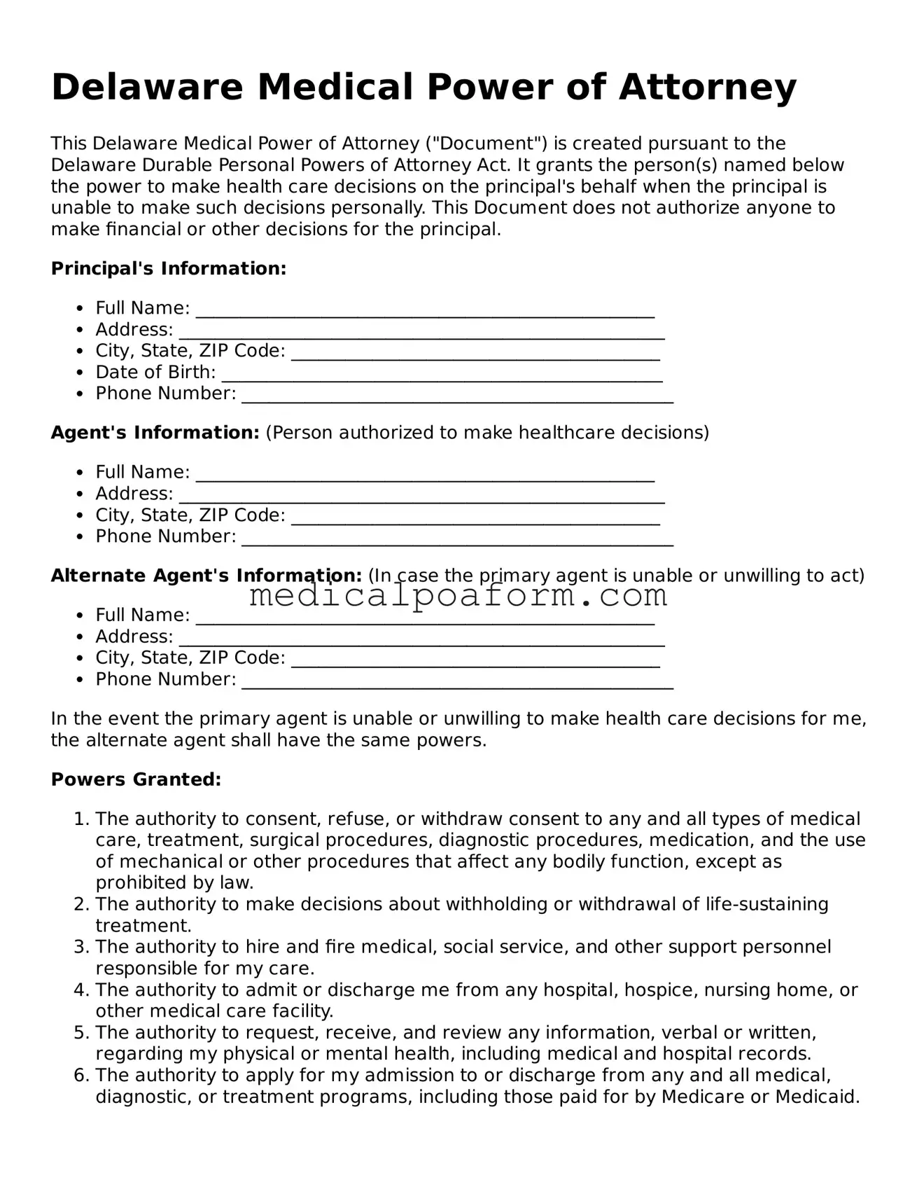 Legal Medical Power of Attorney Template for Delaware State