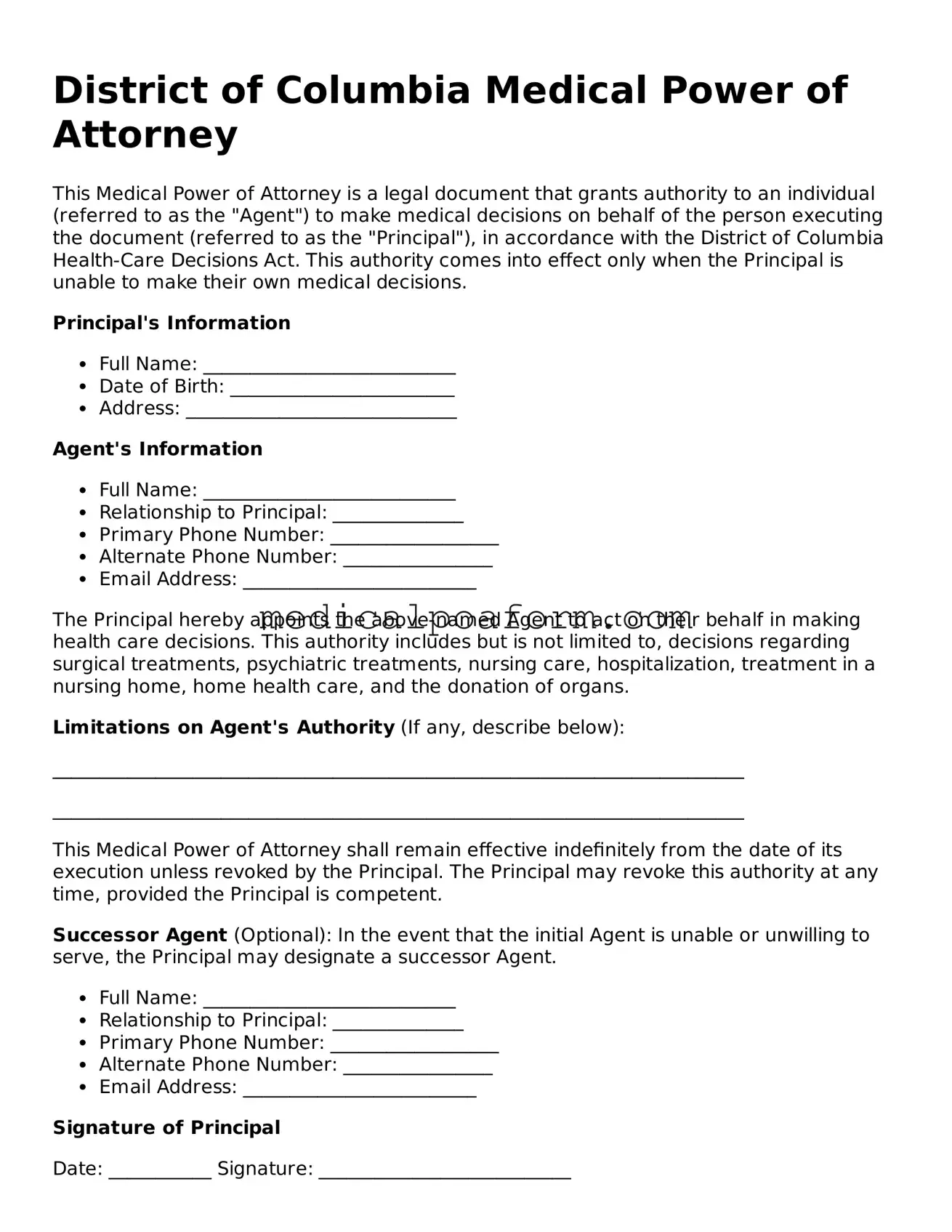 Legal Medical Power of Attorney Template for District of Columbia State