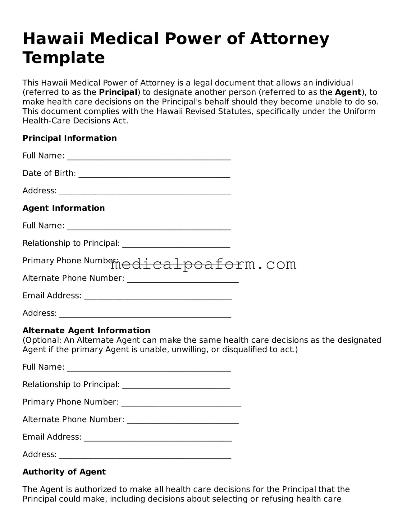 Legal Medical Power of Attorney Template for Hawaii State