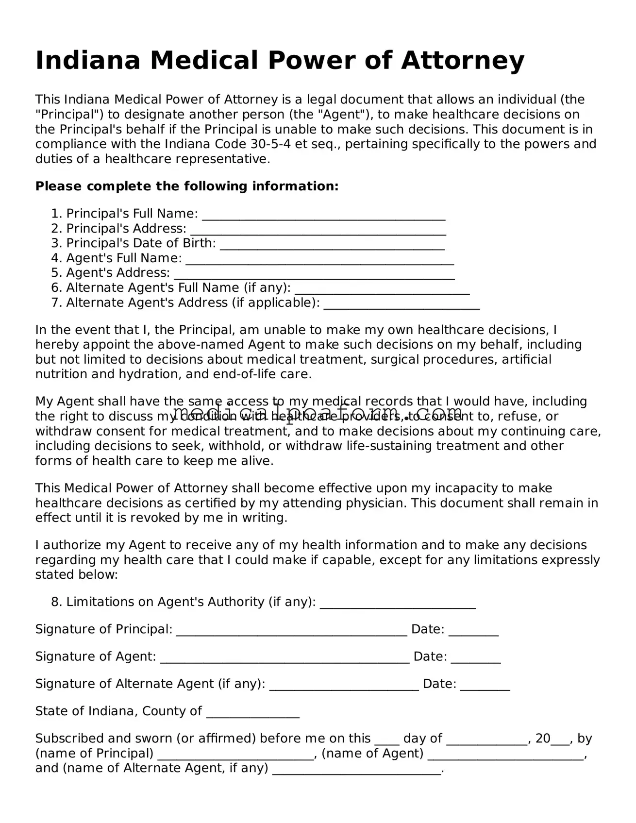Legal Medical Power of Attorney Template for Indiana State