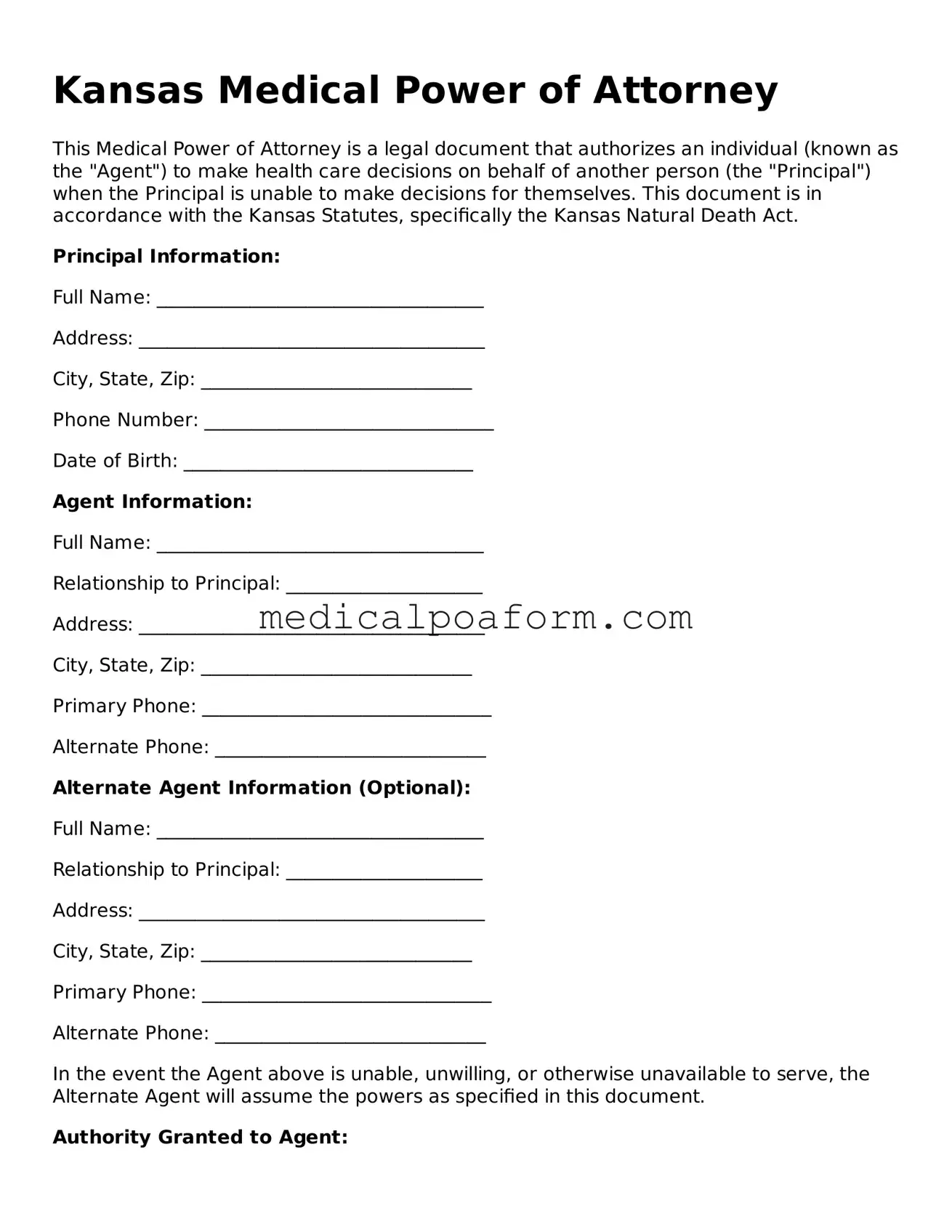Legal Medical Power of Attorney Template for Kansas State