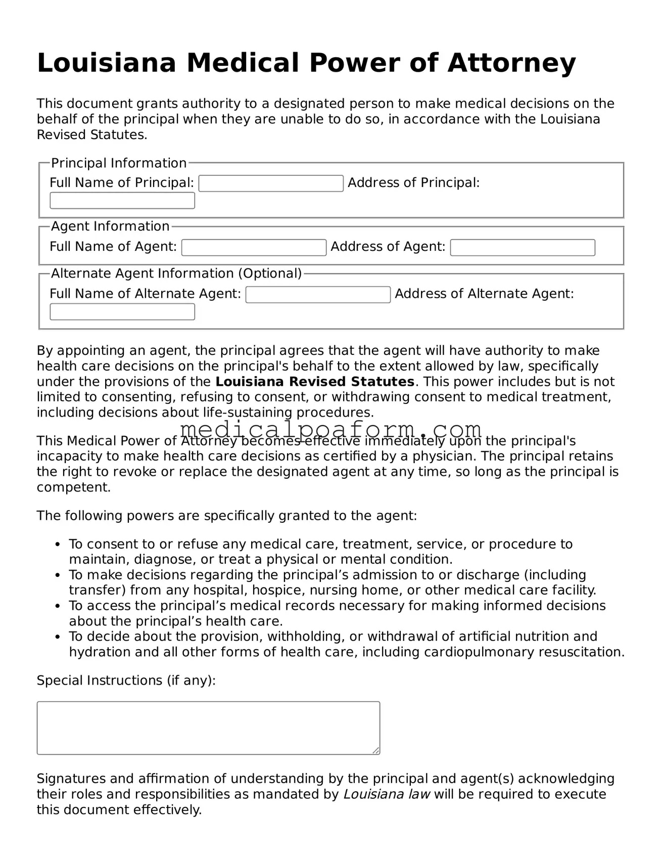 Legal Medical Power of Attorney Template for Louisiana State