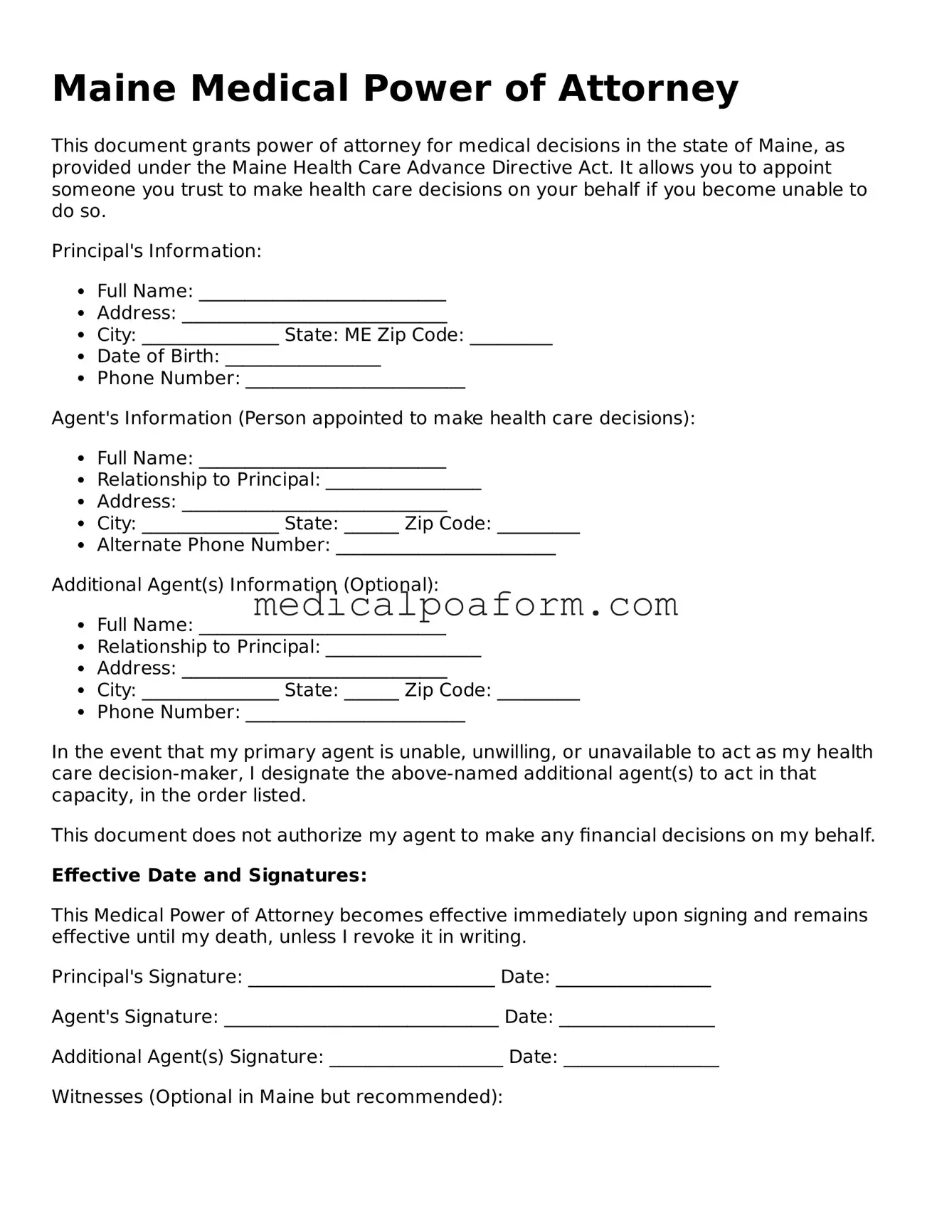 Legal Medical Power of Attorney Template for Maine State