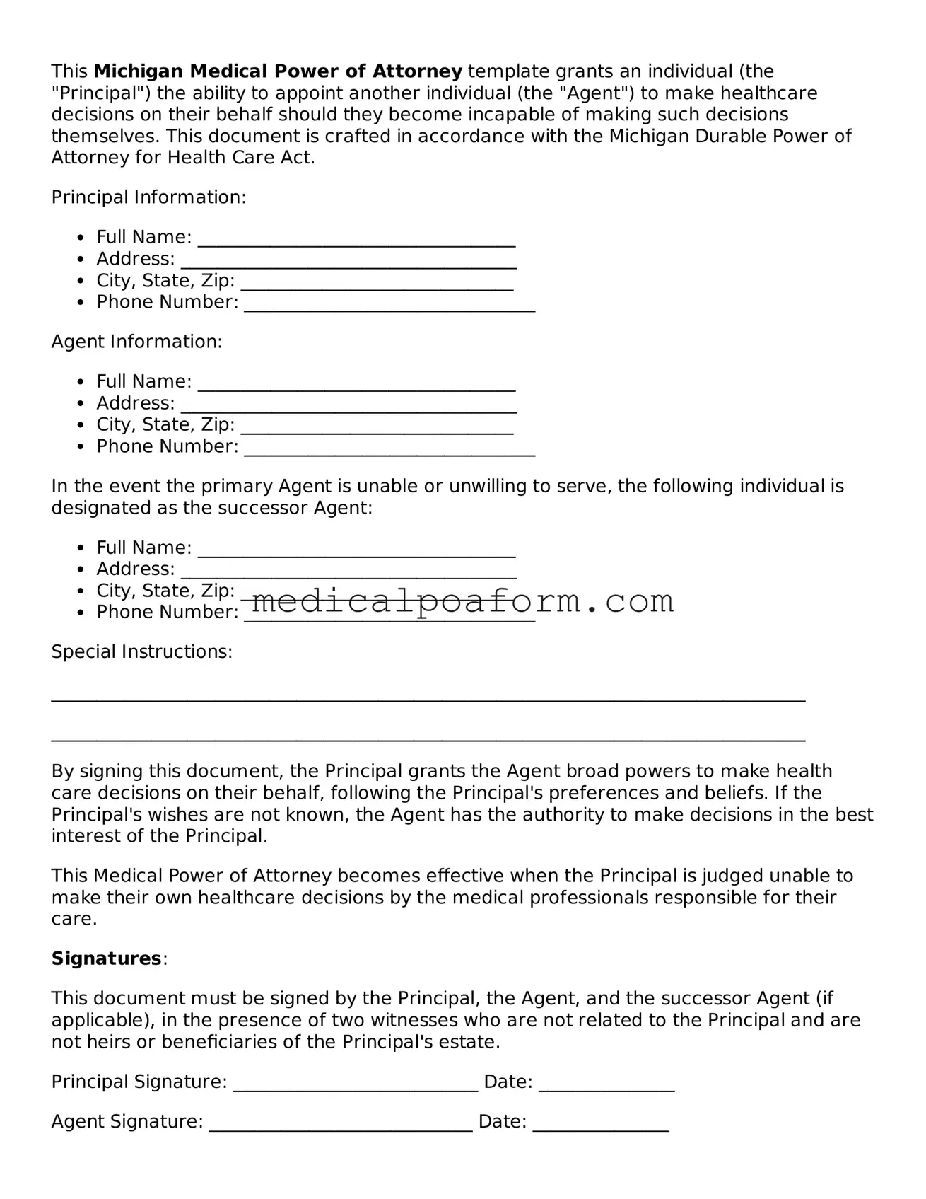 Legal Medical Power of Attorney Template for Michigan State