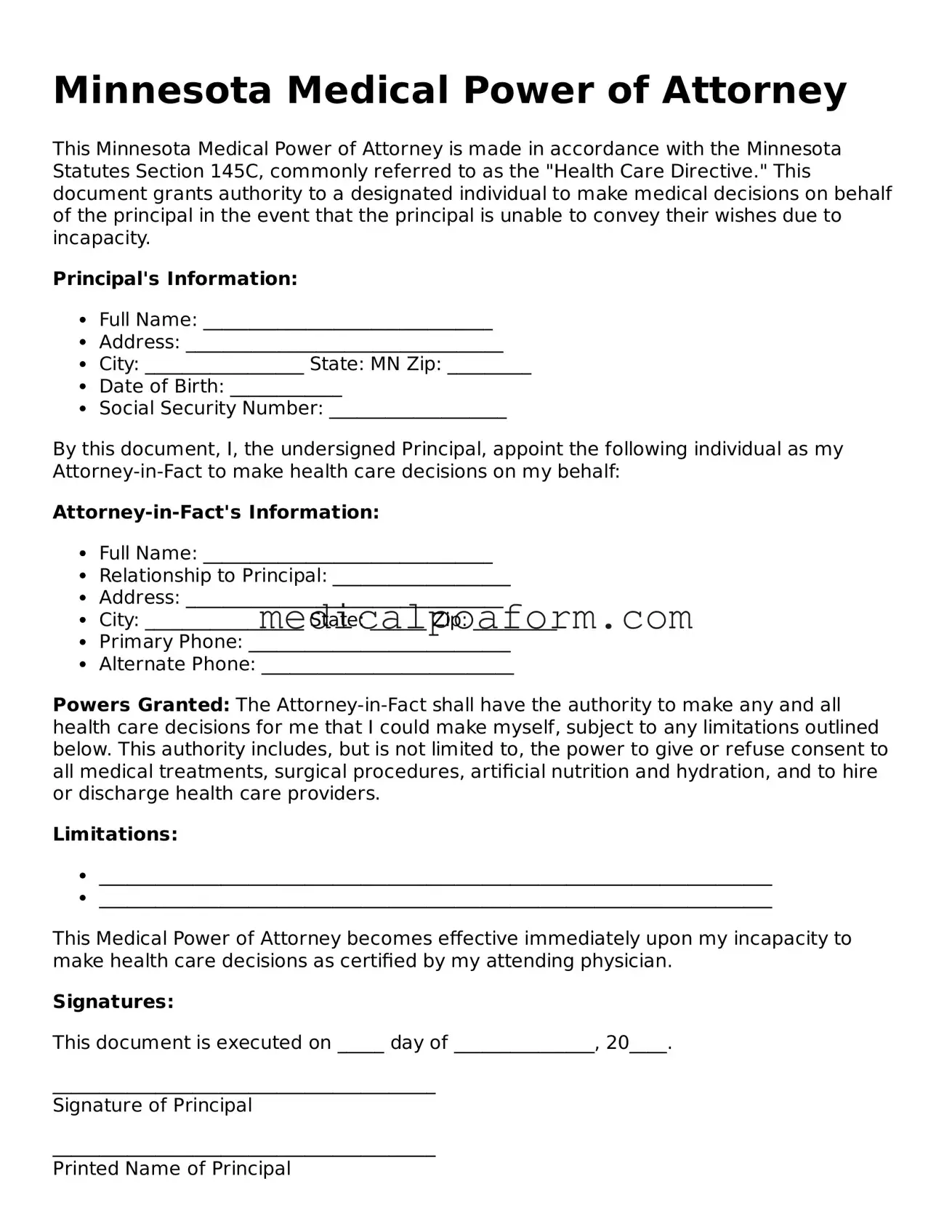 Legal Medical Power of Attorney Template for Minnesota State