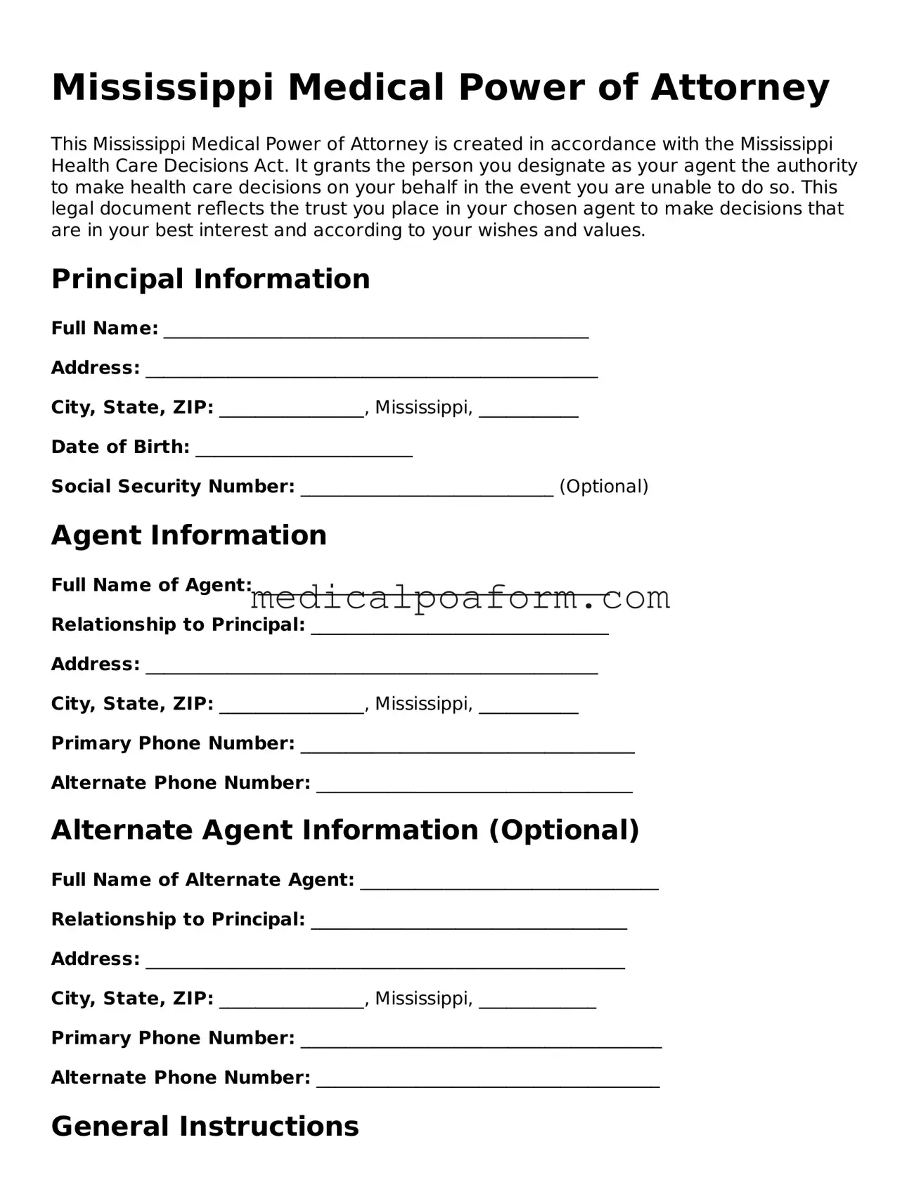 Legal Medical Power of Attorney Template for Mississippi State