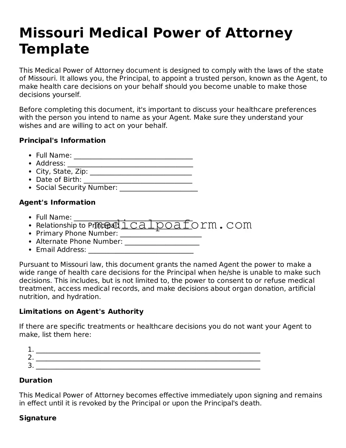 Legal Medical Power of Attorney Template for Missouri State