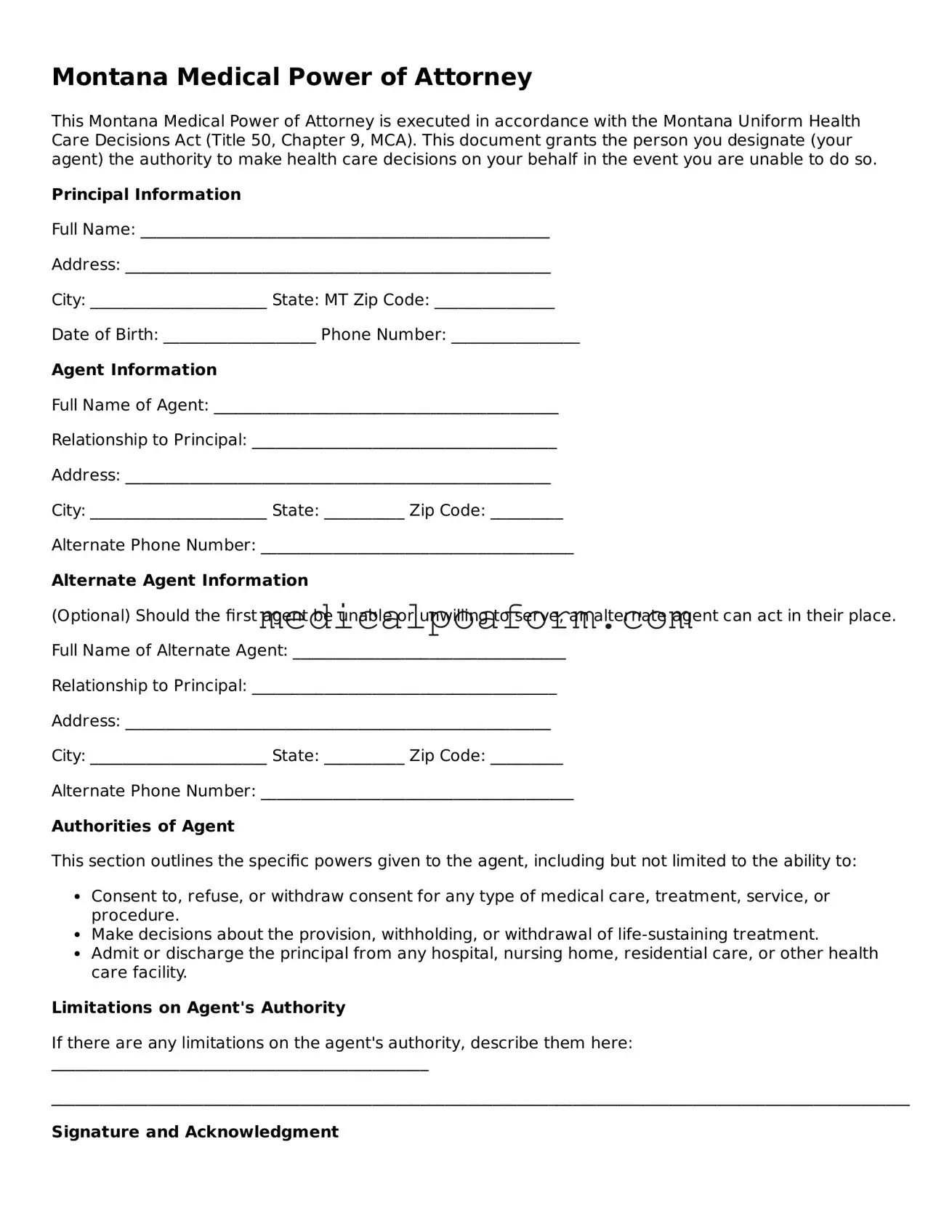 Legal Medical Power of Attorney Template for Montana State