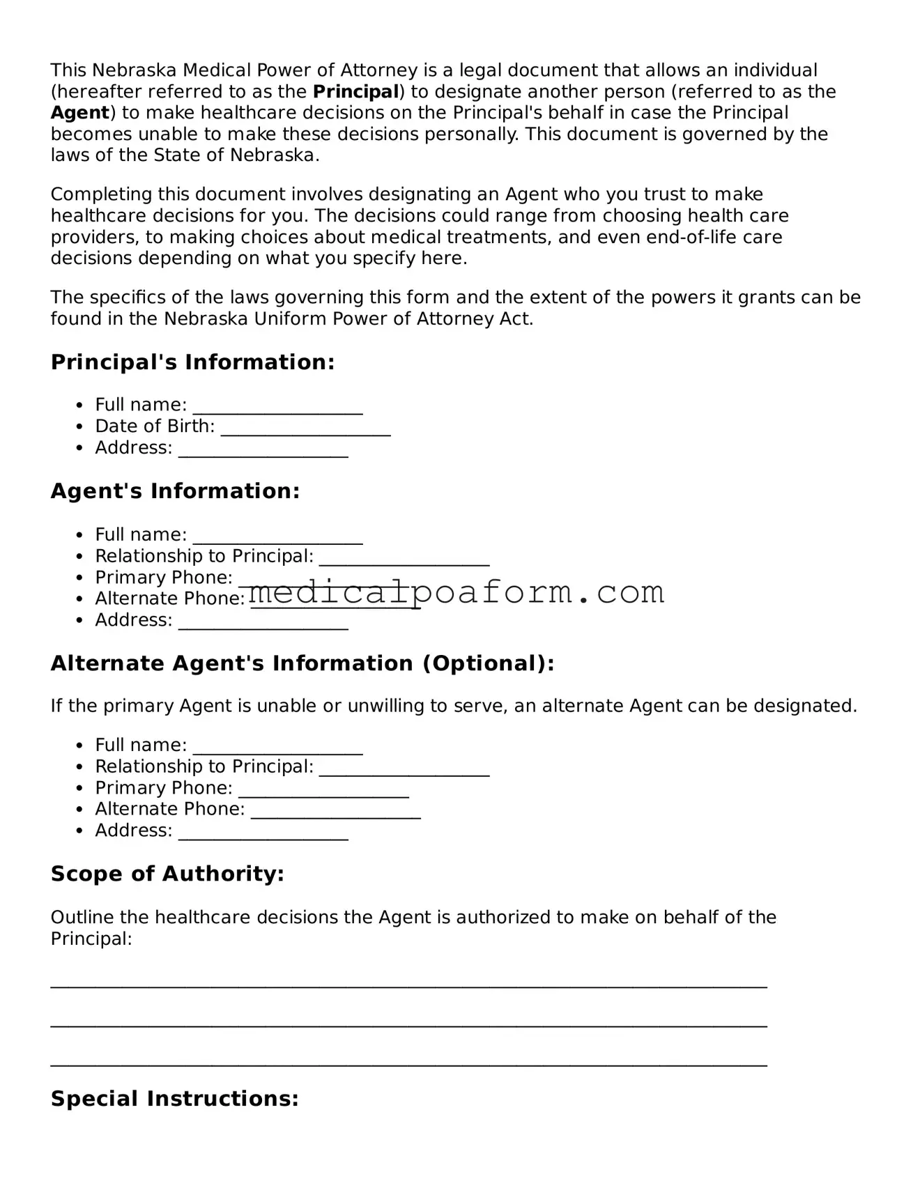 Legal Medical Power of Attorney Template for Nebraska State