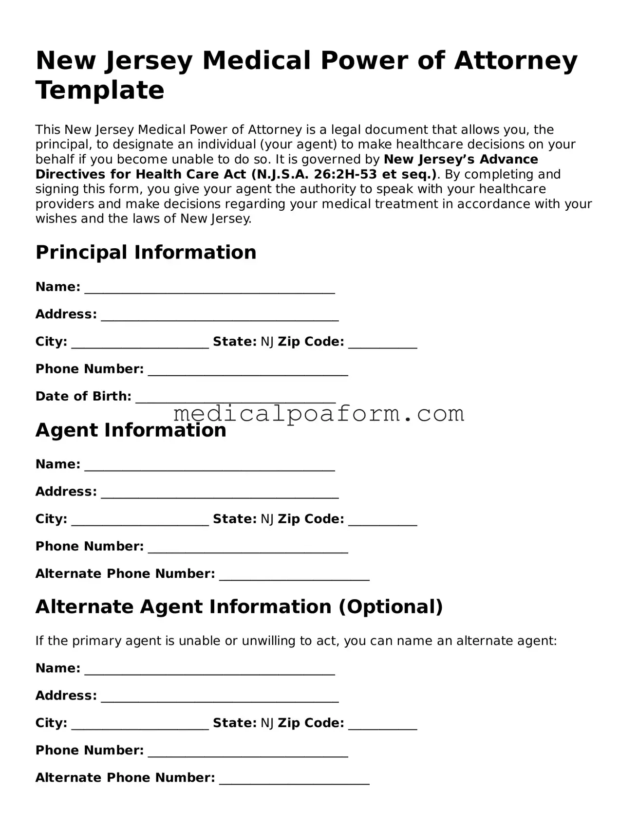 Legal Medical Power of Attorney Template for New Jersey State