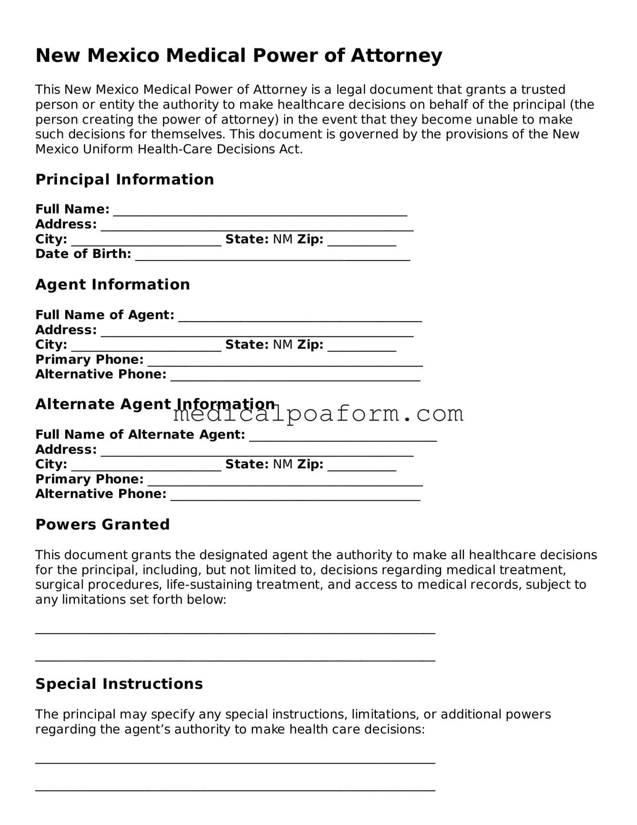Legal Medical Power of Attorney Template for New Mexico State