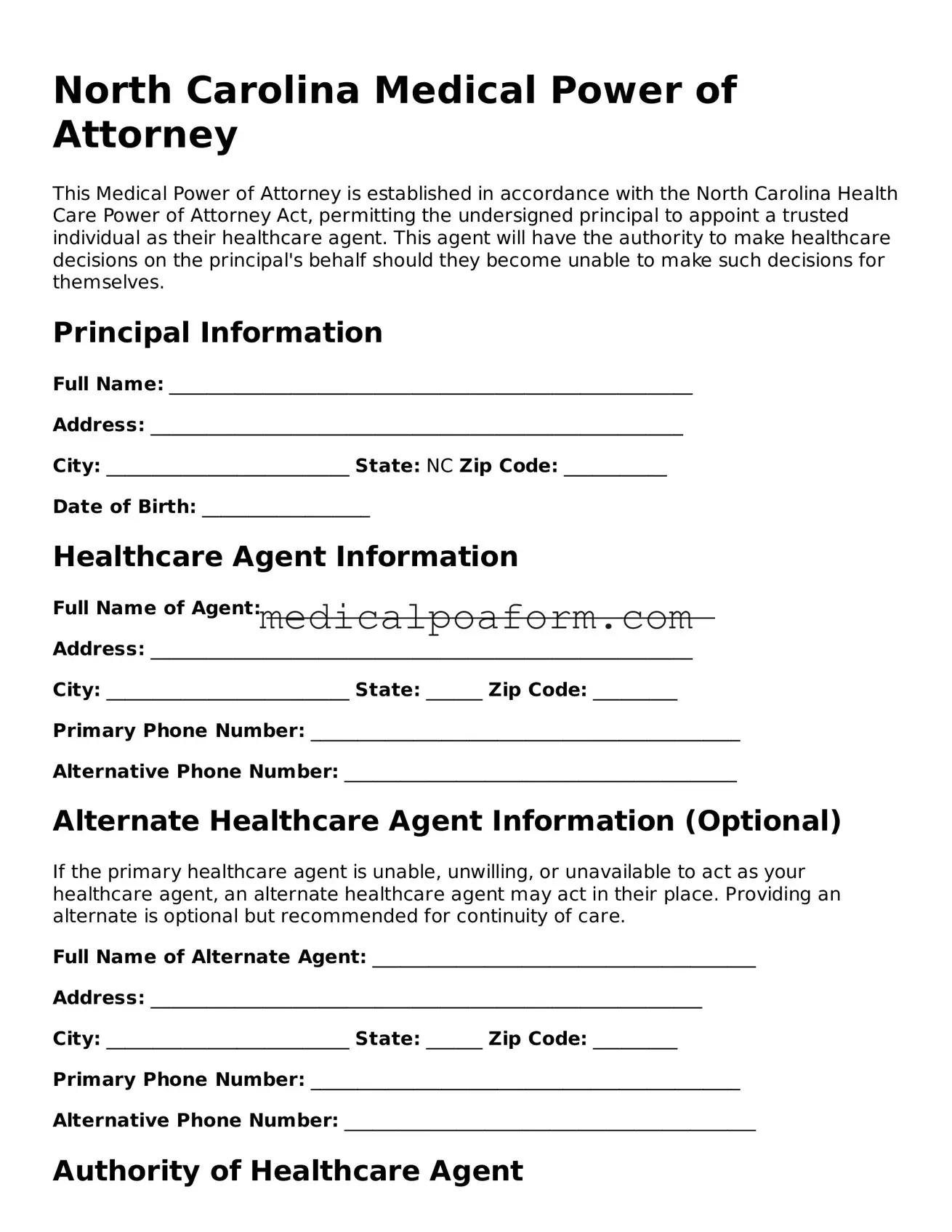 Legal Medical Power of Attorney Template for North Carolina State