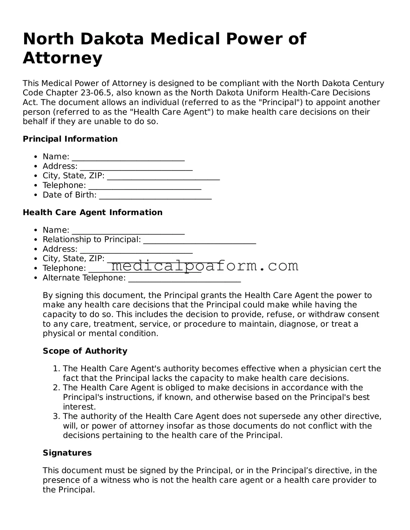 Legal Medical Power of Attorney Template for North Dakota State