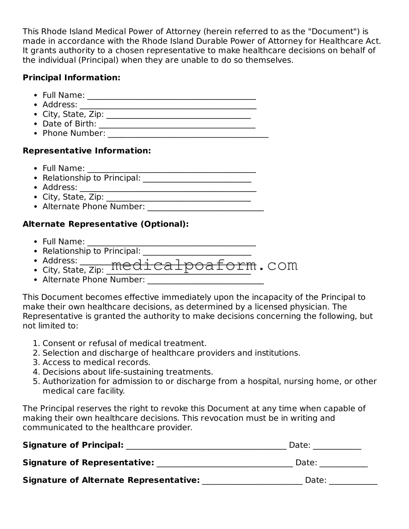 Legal Medical Power of Attorney Template for Rhode Island State