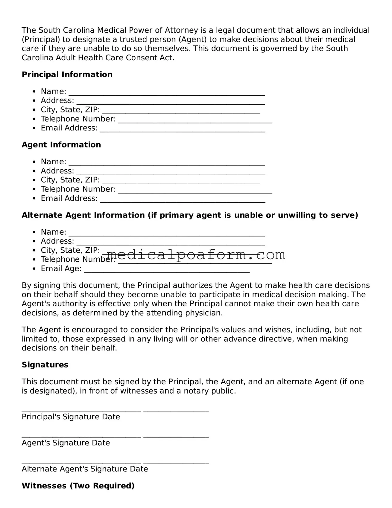 Legal Medical Power of Attorney Template for South Carolina State