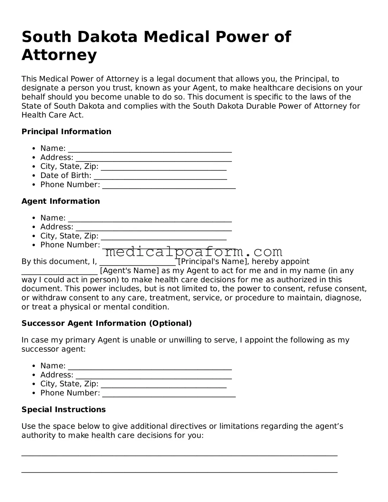 Legal Medical Power of Attorney Template for South Dakota State