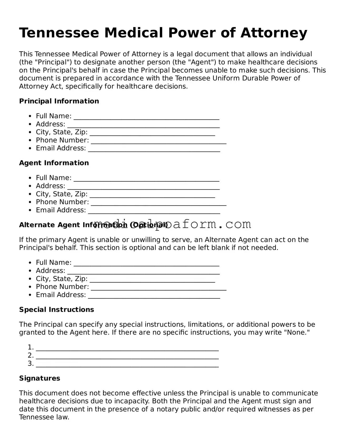 Legal Medical Power of Attorney Template for Tennessee State