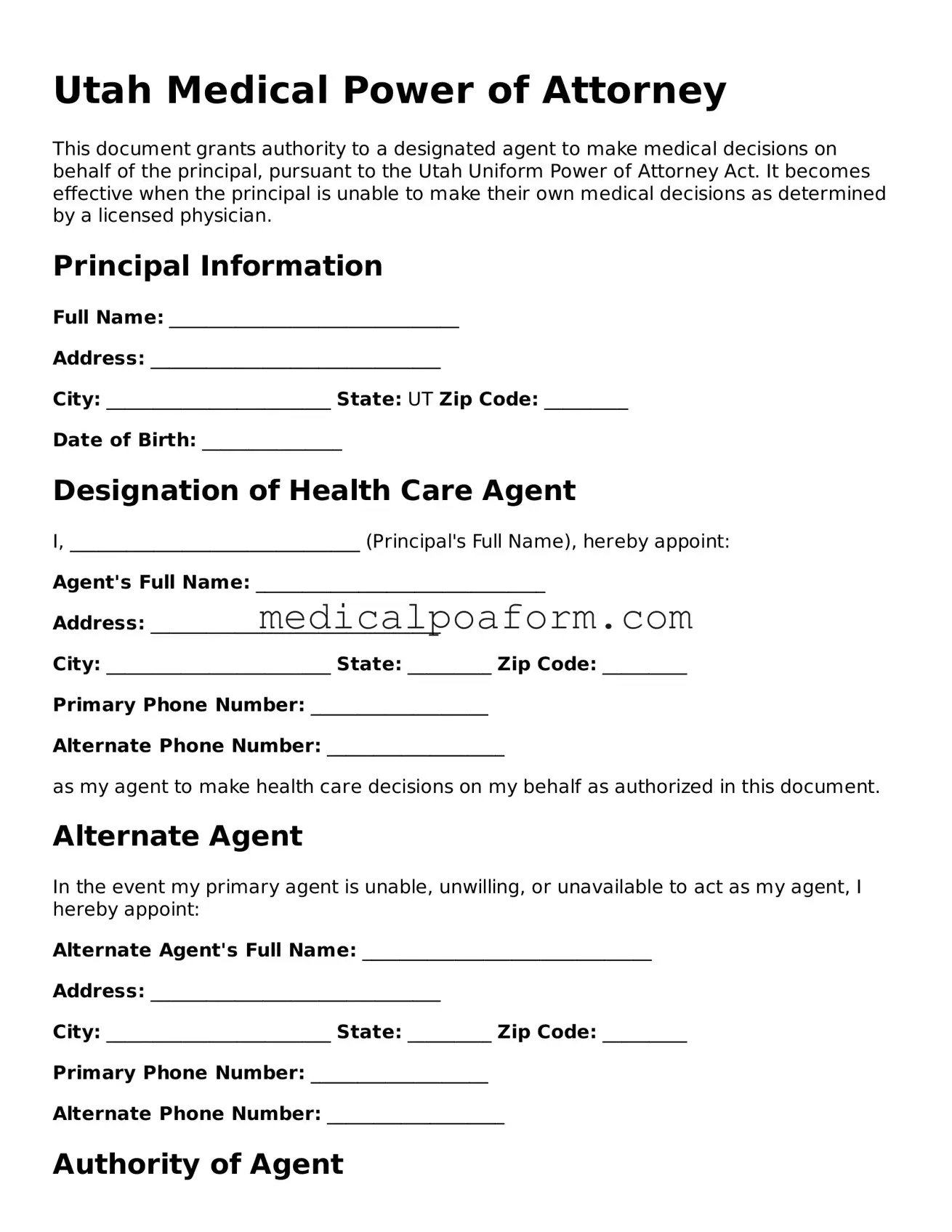 Legal Medical Power of Attorney Template for Utah State