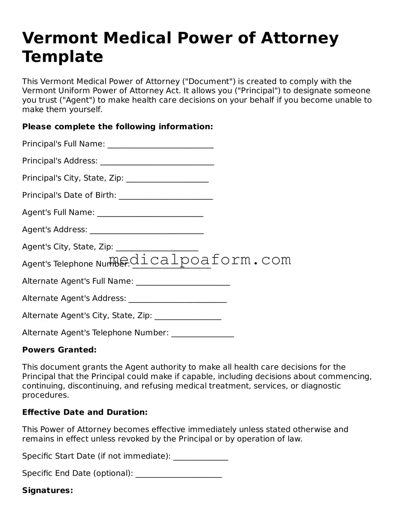 Legal Medical Power of Attorney Template for Vermont State