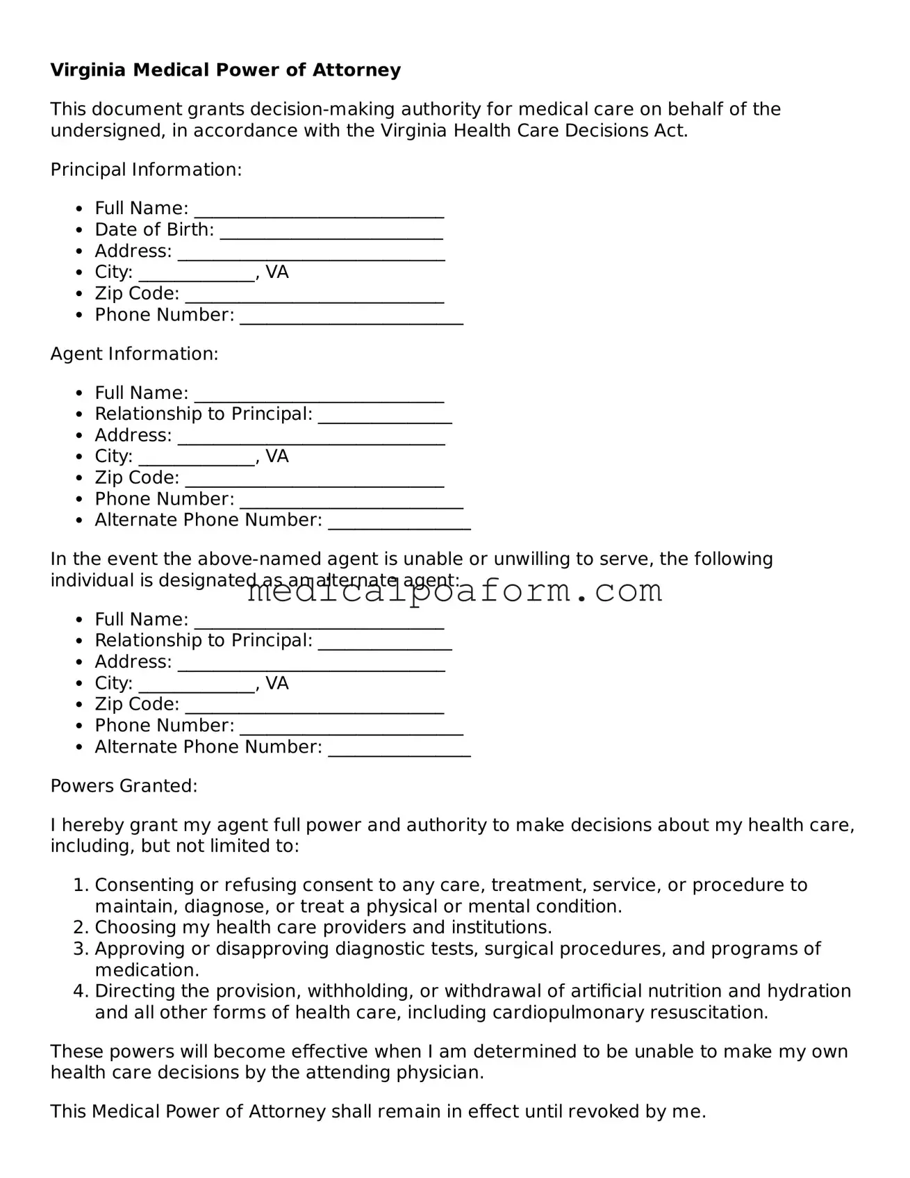 Legal Medical Power of Attorney Template for Virginia State