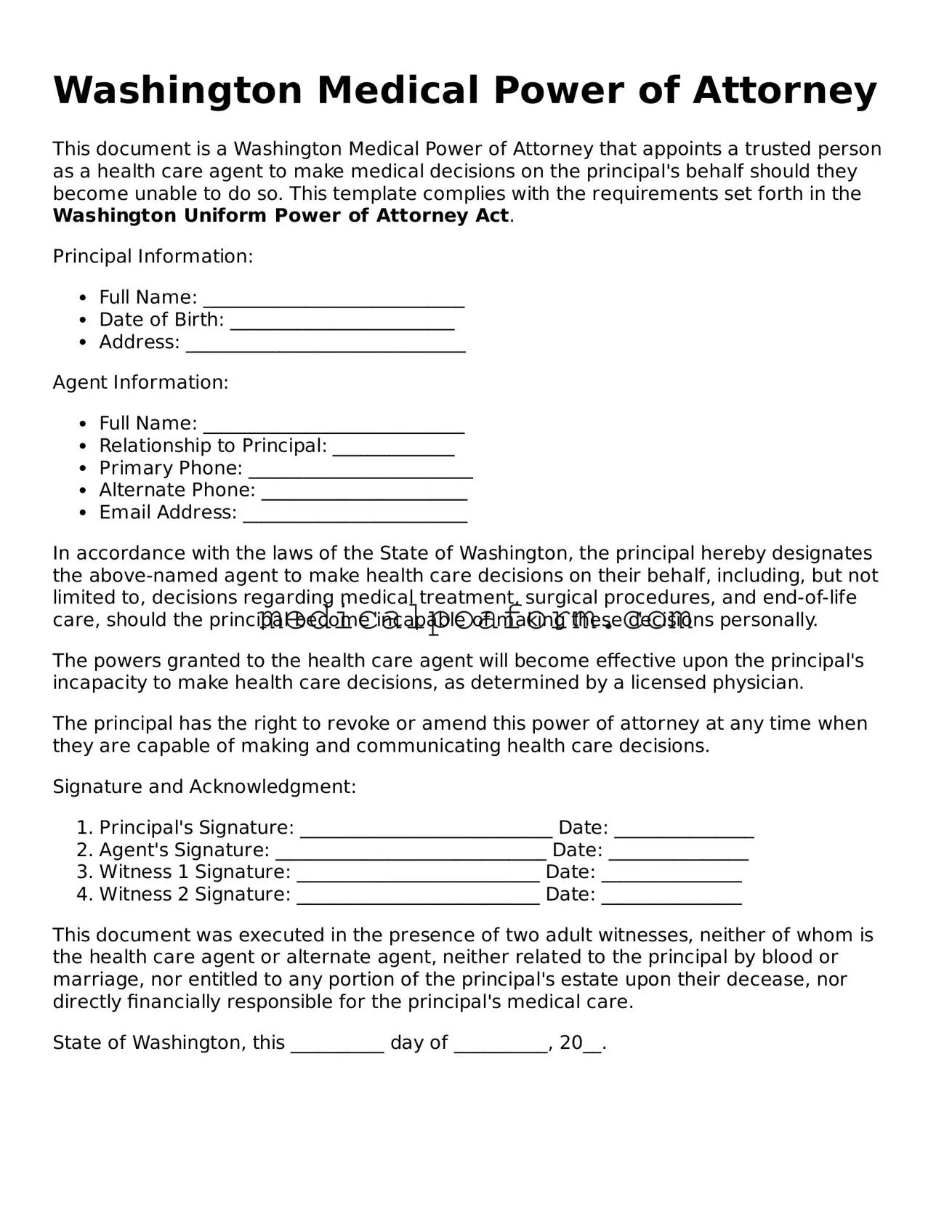 Legal Medical Power of Attorney Template for Washington State