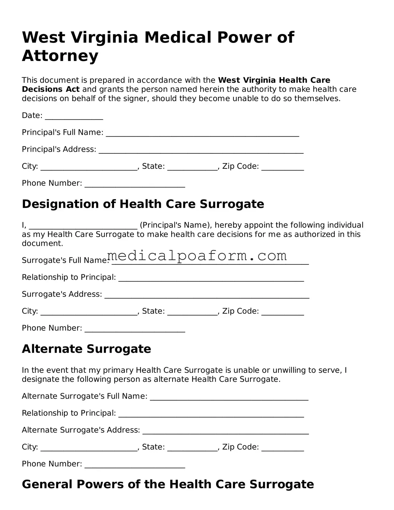 Legal Medical Power of Attorney Template for West Virginia State