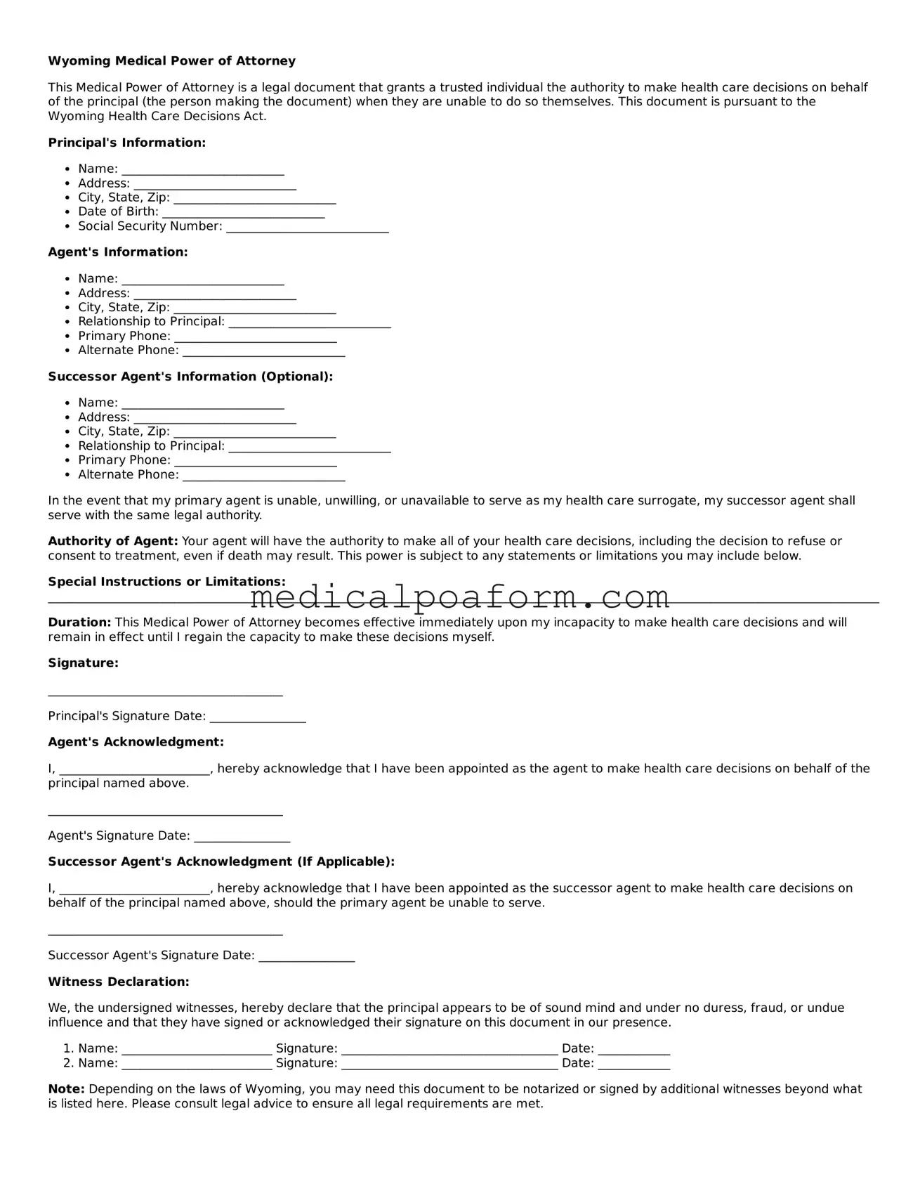 Legal Medical Power of Attorney Template for Wyoming State